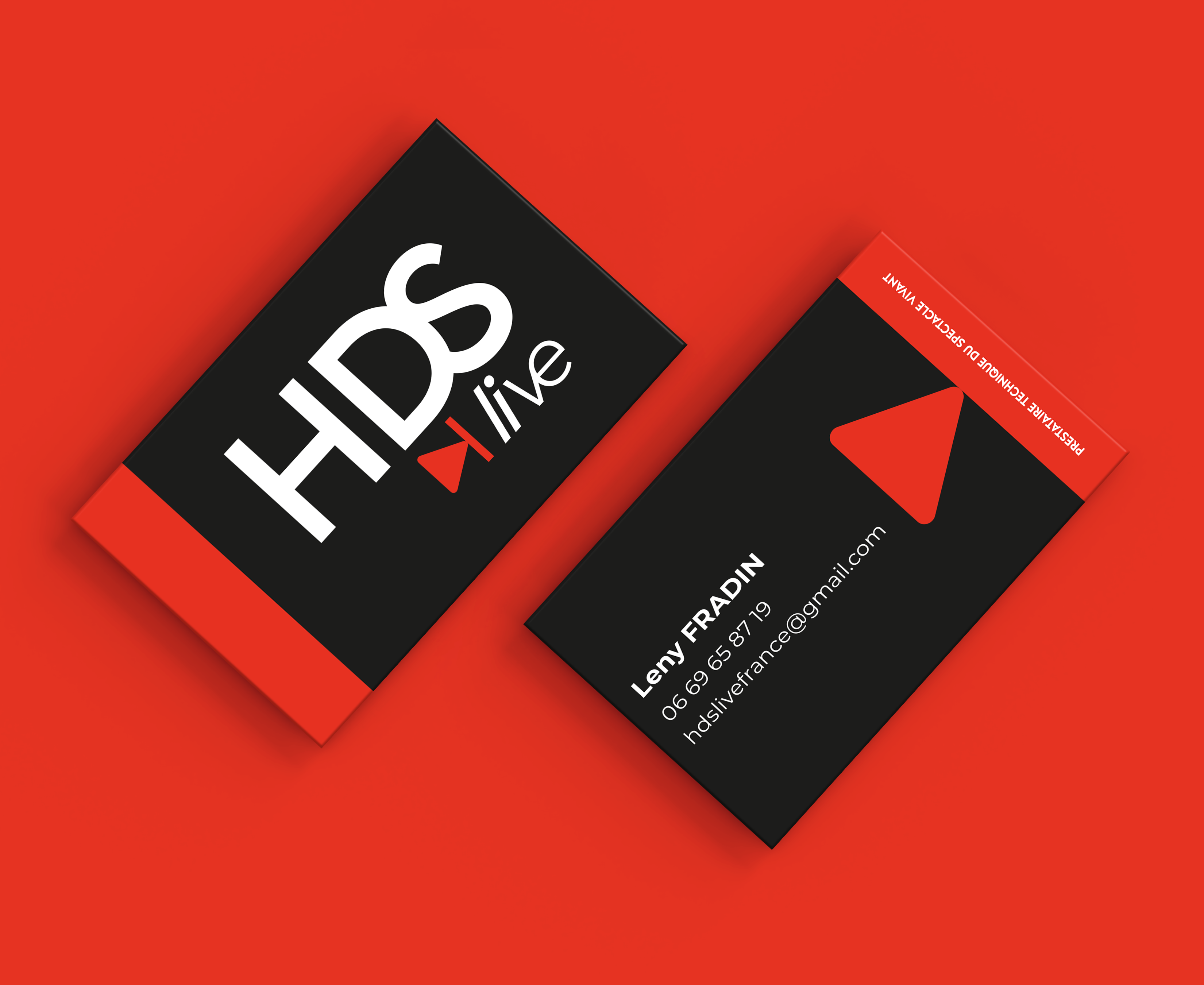 Cartes de visite soft touch vernis sélectif 3D rouge et noir, HDS live à Roanne